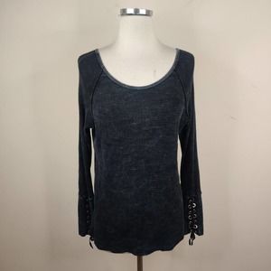 Able Thermal Shirt Lace Up Cuffs Scoop Neck Charcoal Stretch